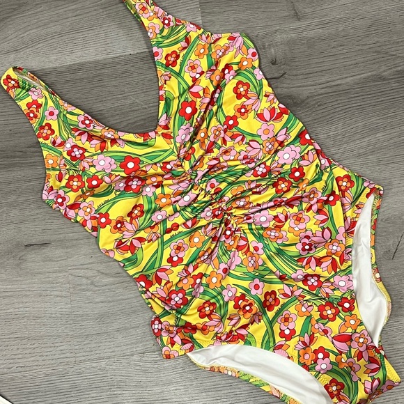 Solid and Striped Ruched Floral One Piece - Picture 2 of 6